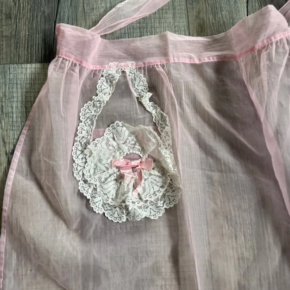 Vtg Hostess Half Apron Sheer Pink MCM 50s Pocket Retro Tie Trad Cottage Lace